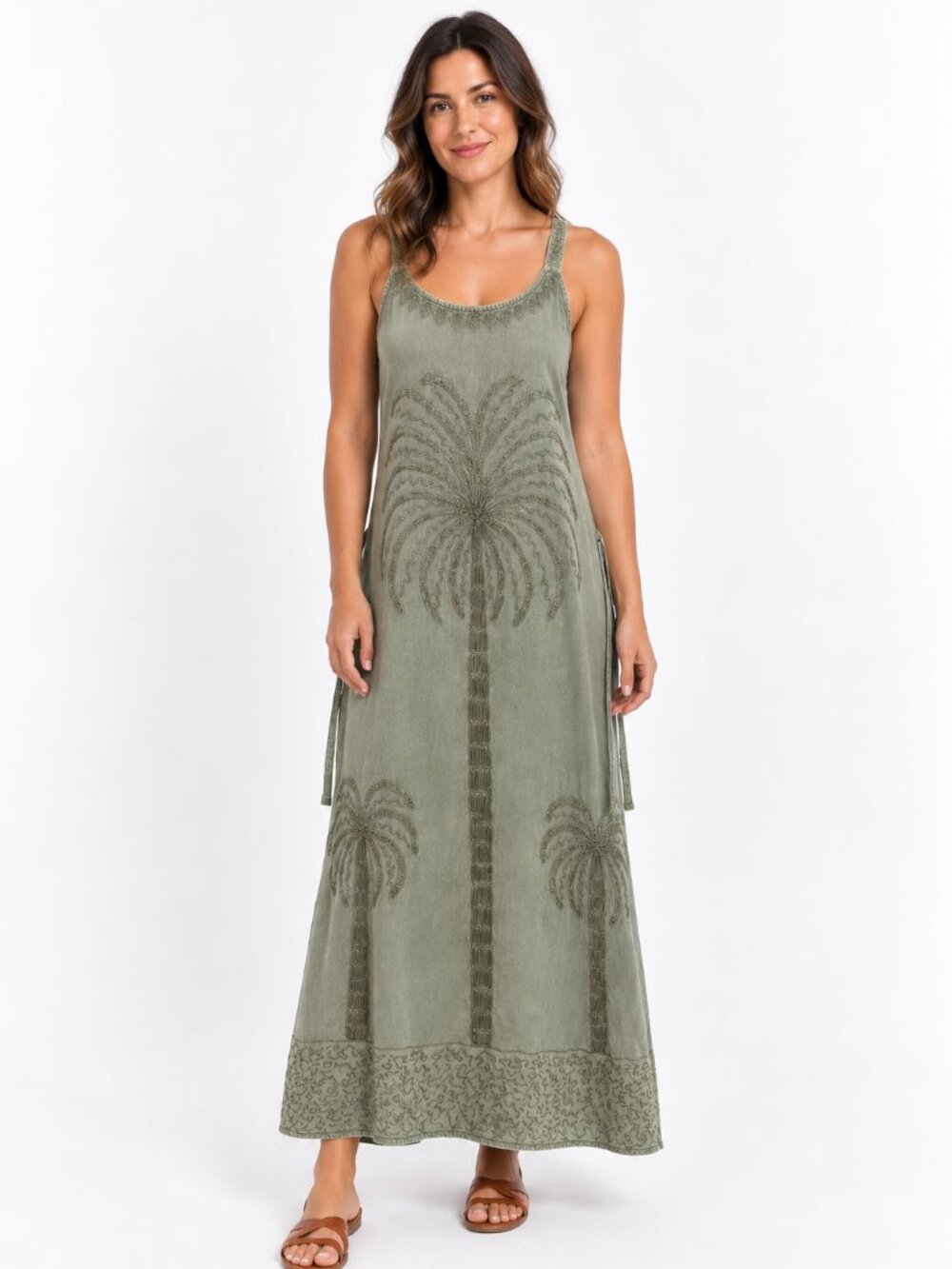 Raya Sun Green Embroidered Palm Tree Maxi Dress Women's Medium Boho